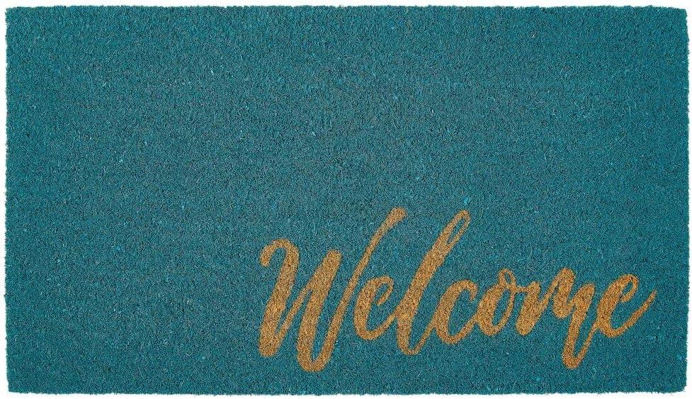 mDesign Non-Slip Rectangular Coir and Rubber Entryway Welcome Doormat with Natural Fibers for Indoor or Outdoor Use - Decorative Script Design - Turquoise Blue/Natural/Beige (1'5" x 2'6" (Rectangular))