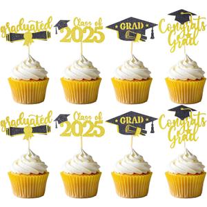 Sucrain 96PCS 2025 Graduation Cupcake Toppers, Grad Cap Food/Appetizer Picks For Graduation Diploma Party Mini Cake Decorations (Gold and Black)