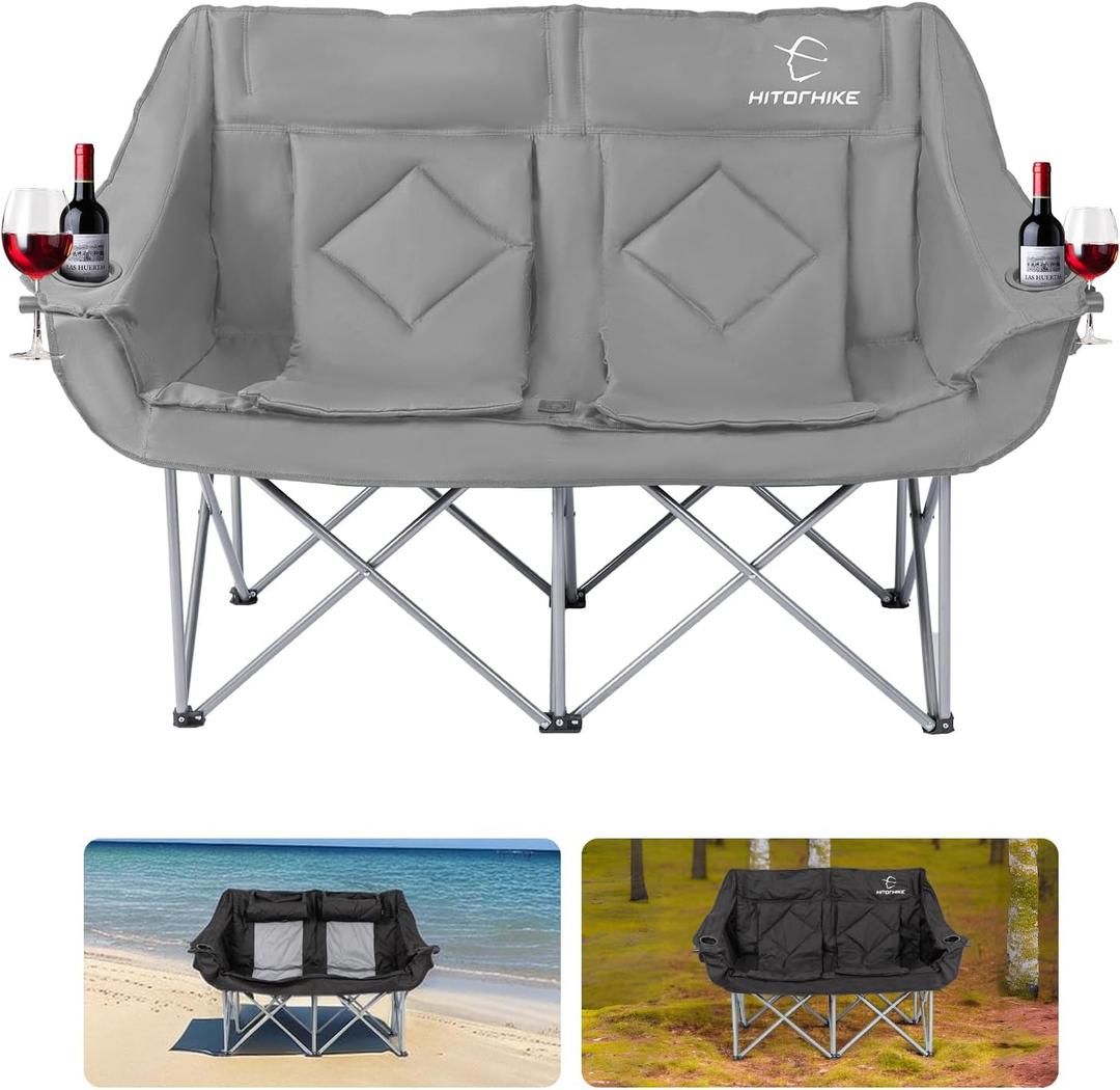 HITORHIKE Camping Chair Heavy Duty Oversized Folding Single Double All Season Design with Cup Holder for Camping, Picnic, Beach (Grey, Double)