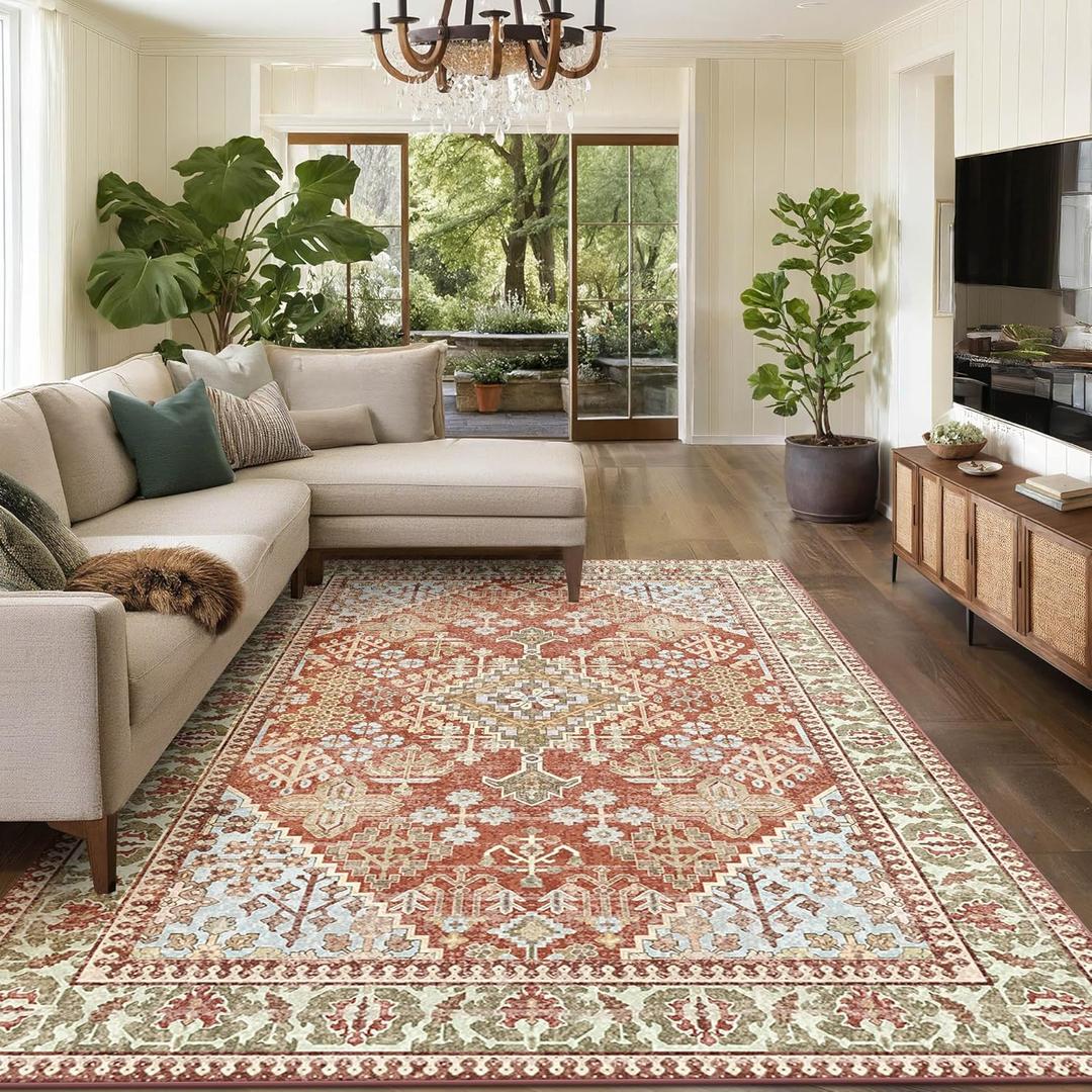 6x9 Area Rugs for Living Room, Machine Washable Low Pile Rug, Non Slip Backing Boho Rugs for Bedroom, Printed Soft Vintage Carpet Orange 6 x 9 (B.cinnamon Orange/Clay/Laurel/Babyblue)