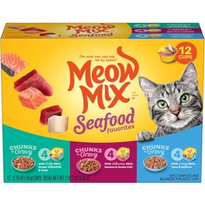 Meow Mix Savory Morsels Seafood Favorites Variety Pack, 2.75 oz Can (12 Pack) (EXP 11/07/27)