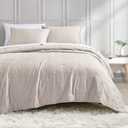 BOURINA Embroidery Quilt Set 3-Piece Oversized King Quilt Set Pre-Washed Microfiber Ultra Soft Lightweight Star Embroidery Bedspread Coverlet Set, Beige