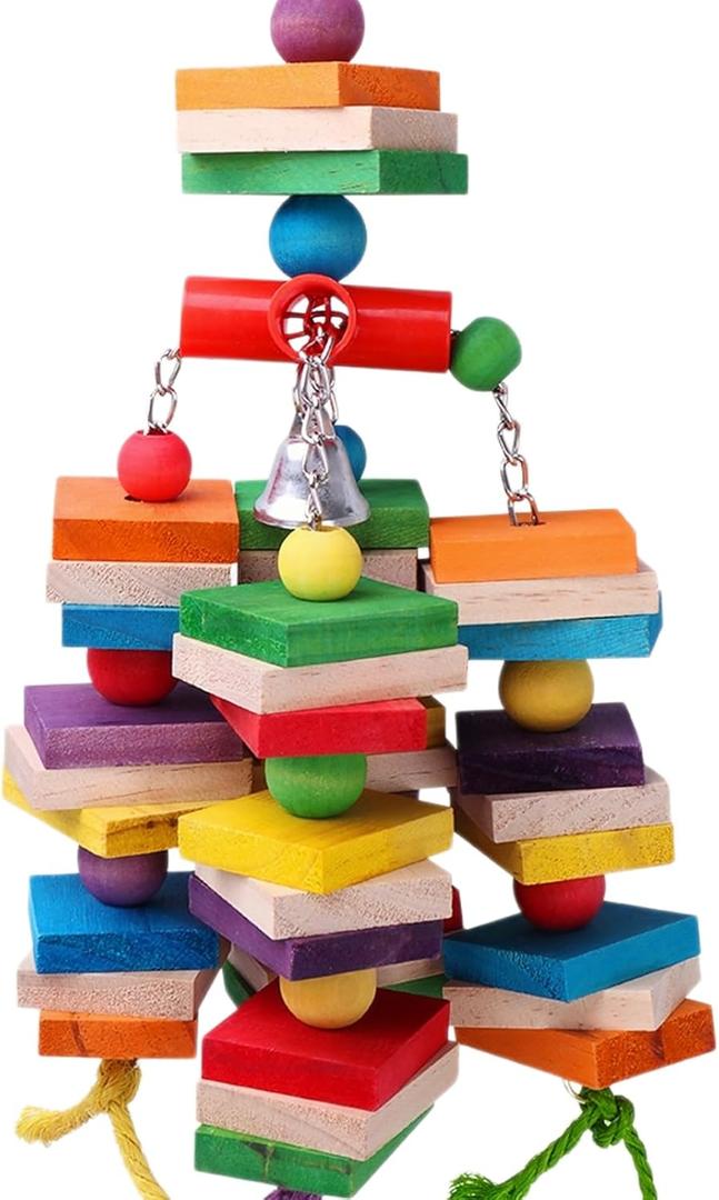 Durable Large Bird Toys for Conures & Cockatiels, 13.7" Interactive Hardwood Chewing Toy with 0.4" Thick Blocks, Heavy-Duty Cage Enrichment for Medium Parrots, Natural Sisal Shredder