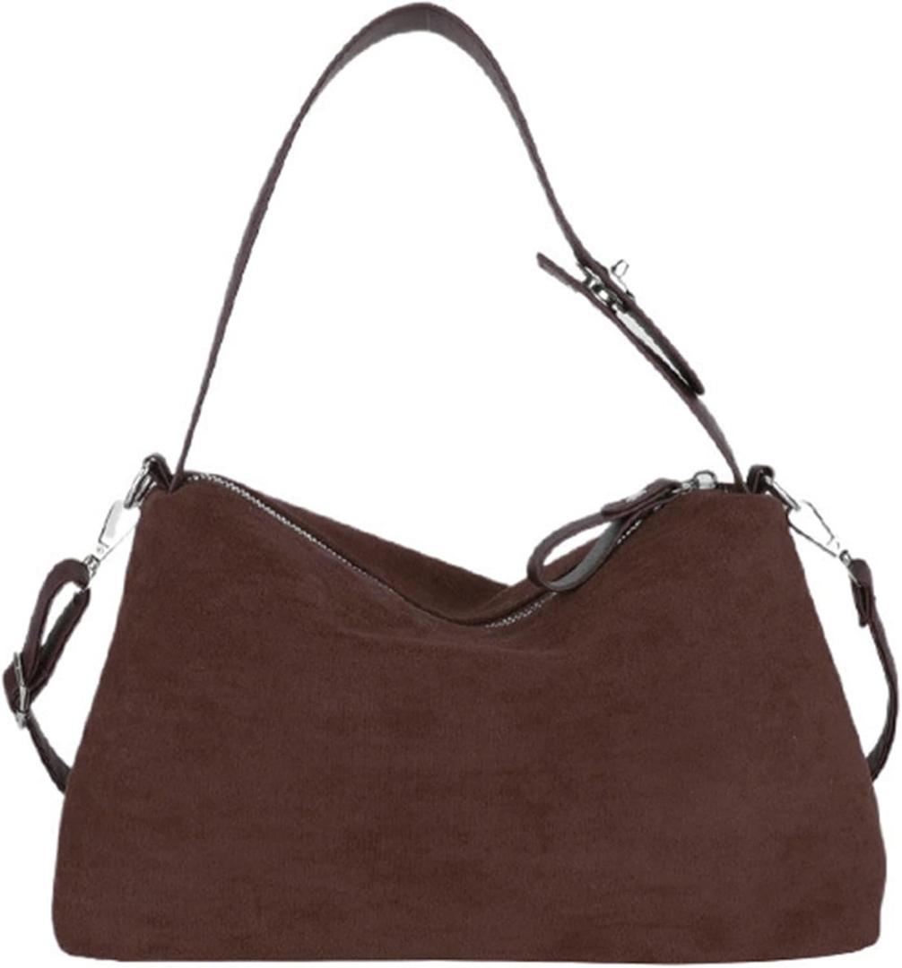 Suede Shoulder Bags For Women Crossbody Bag Suede Tote Bag Satchels Slouchy Work Purses Crescent Handbag Fall Top Handle (Coffee)