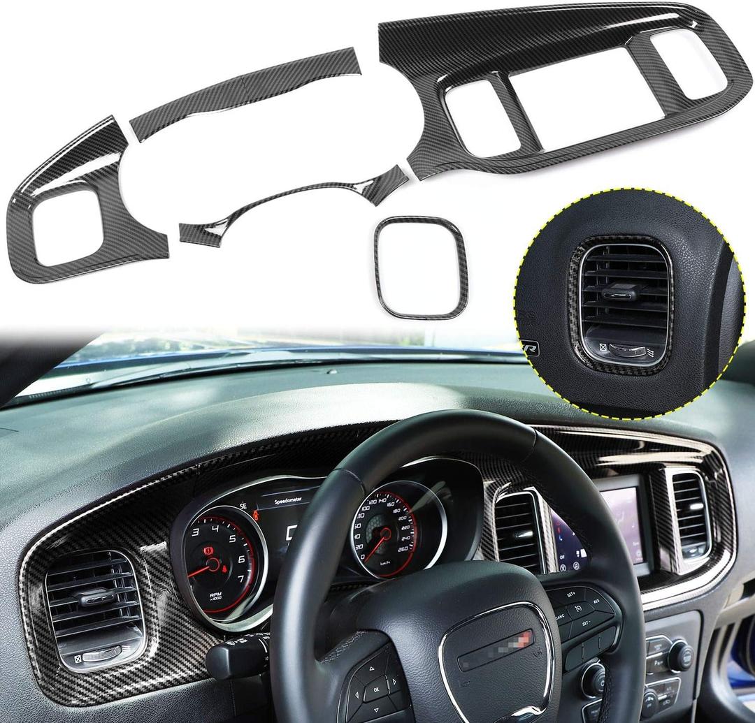 JWWY for Charger Center Consoles Dash Board Dashboard Instrument Gauge Cluster Dash Fascia Trim Panel Garnish Bezel for 2015-2026+ Dodge Charger Interior Accessories, ABS Carbon Fiber 5pcs