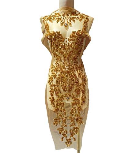 JRYYR Rhinestone appliqué, Sequin Iron-on Patch appliqué is Used for Gold appliqué on Dresses, Stage Costumes, Wedding Dresses.(Gold)  13 inches wide, 37.8 inches long