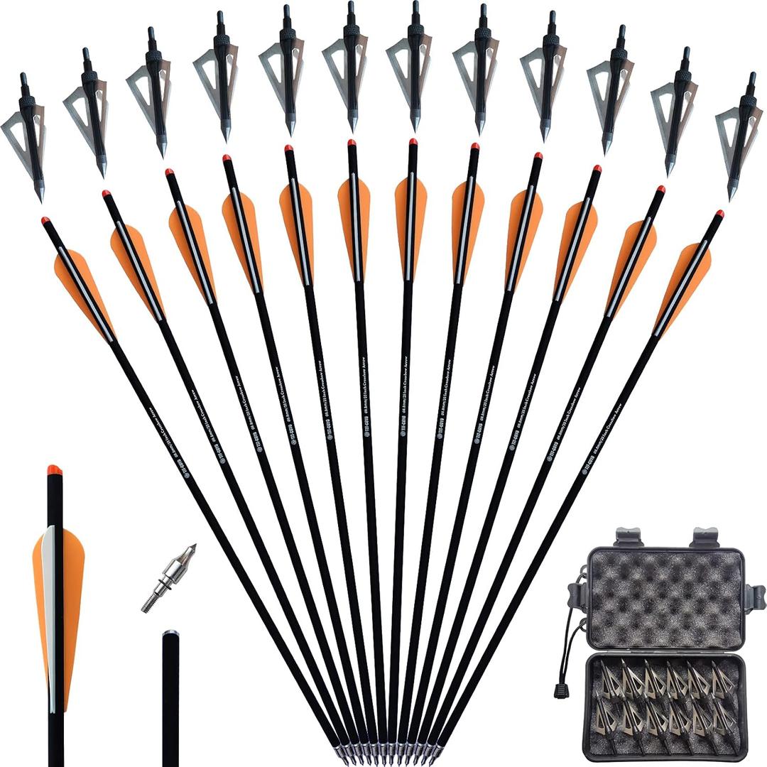 20 22 Inch Crossbow Bolts and Crossbow Broadheads Set Carbon Crossbow Arrows for Hunting and Outdoor Practice, 12pcs Arrows 12pcs Broadheads(24 Pack) (20" -Orange with broadbeads)