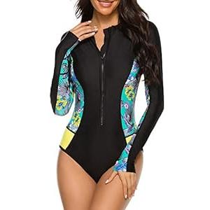 American Trends Womens Athletic One Piece Swimsuits Long Sleeve Swimsuit Sports Surfing Swimwear Bathing Suits Black Green Print, Small