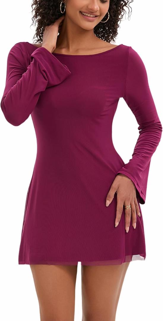 Topcloset Women's Fall Long Sleeve Mini Dress Boat Neck Going Out Cocktail Bell Sleeve Dresses Date Night Outfits (XS)