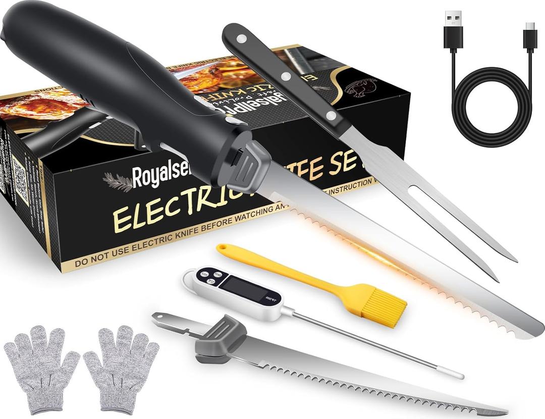 Electric Knife Set with 7-Inch Stainless Steel Blades, Safety Lock Button & Knife Stand, Ideal for Carving, Slicing & Cutting Meats, Turkey Bread & Craft Foam, Dishwasher Safe, Black