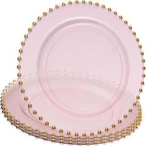 PLASTICPRO Translucent Pink with Gold Rim Plastic Charger Plates with Beaded Edge Pack of 4 13" Elegant Round Disposable Chargers for Weddings, Events, Parties, and Dinners