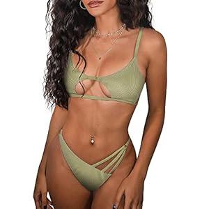 ZAFUL Women's Ribbed Star Shaped Cutout Tanga String Bikini Set Swimwear (N-Light Green, M)