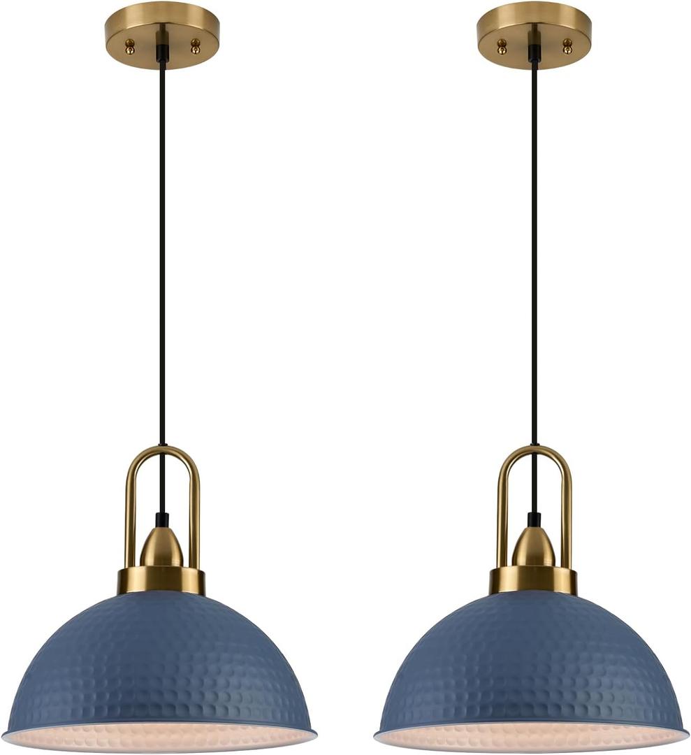 Blue Pendant Lights Kitchen Island Industrial Adjustable Height Vintage Dome Hanging Light Fixtures for Barn, Dining Room 2 Packs