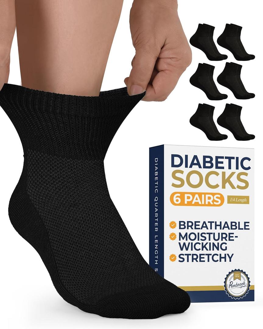 Pembrook Ankle Diabetic Socks for Women & Men | 6 Pairs | Wide Non Binding Socks Quarter Length | Edema Neuropathy Socks (Large)