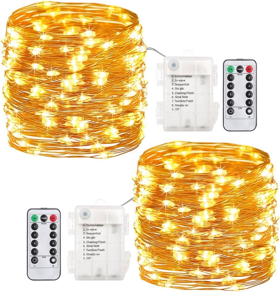 GDEALER 2 Pack 20 Feet 60 Led Fairy Lights Battery Operated with Remote Control Timer, 8 Modes Waterproof Copper Wire Twinkle String Lights for Bedroom Party Indoor- Warm White