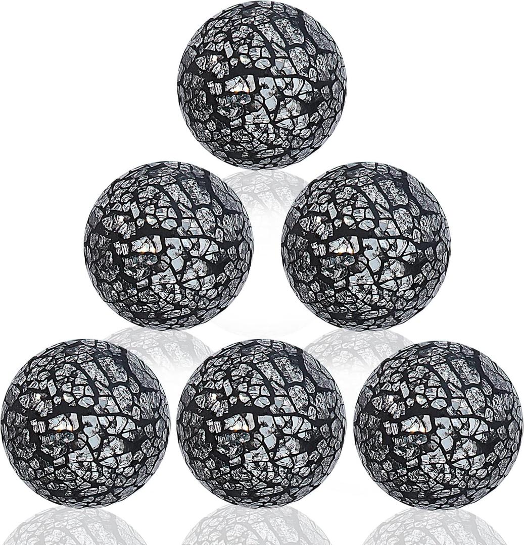 Kesywale 6PCS Decorative Balls Set 2.4 Inches/ 6cm Small Mosaic Spheres Glass Orbs Decorative Balls for Centerpiece Bowls Vases Fillers Dining Coffee Table Wedding Party Decor (Black)