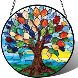 Stained Glass Window Hanging, Colorful Tree of Life Suncatcher for Door Home Decor, Glass Panel Sunrise Sun Catcher Ornament Mother's Day Birthday Gifts for Women Men Mom 7.8 in