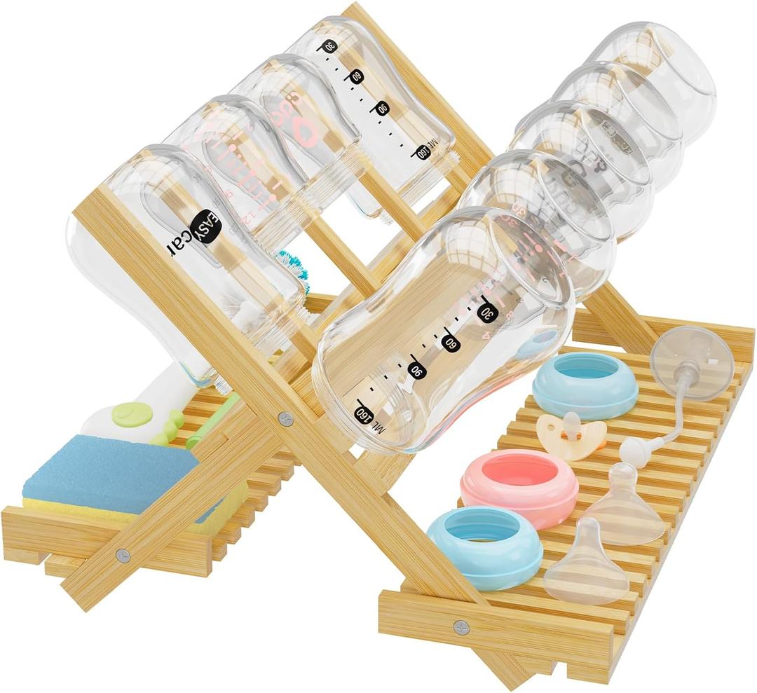 Baby Bottle Drying Rack Foldable Vertical Bamboo Milk Bottle and Accessories Organizer for Busy Parents, Maximizes Space, Quick Drying, Easy Cleanup & Storage (Bamboo)