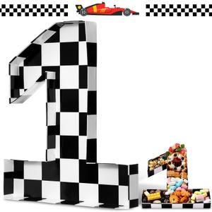 Mifoci 13.7" Race Car Cardboard Fillable Number Box for Charcuterie Fast Birthday Party Decor 1st 2nd 3rd 5th Number Shaped Box Black and White Checkered Snack Paper Mache Tray for Party Supplies (1)