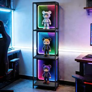 3 Tier Storage Cabinet with LED Infinity Mirror Light,RGBW,Black | LED storage cabinet with adjustable color temp.Showcases action figures ,collectibles for bedrooms, offices, gaming rooms