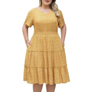 Nemidor Womens Plus Size Summer Midi Dress Casual Tiered Floral Print Beach Swing Boho Dresses with Pocket 16-26