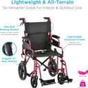NOVA Lightweight Folding Transport Chair Aluminum Travel Wheelchair with Flip-Up Desk Arms, One-Grip Locking Handbrakes, 8 Front & 12 Rear All-Terrain Wheels Supports Adults Up to 300 lbs Red