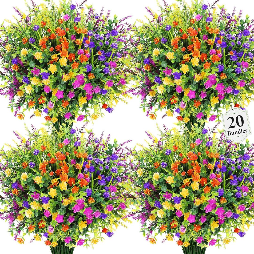 20 Bundles Artificial Flowers for Outdoors Fake Plastic Flowers UV Resistant Realistic Faux Plants Shrubs for Spring Summer Garden Porch Yard Patio Planter Window Box Home Decor, Mixedcolor