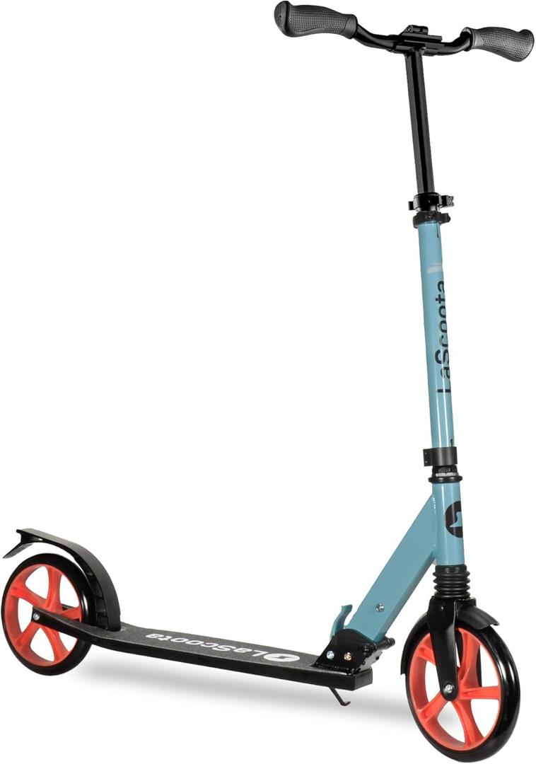 LaScoota Kick Scooter for Kids Ages 6+, Teens & Adults, Large 8" Sturdy Urethane Wheels. Adjustable Handlebar, Lightweight, Foldable, 220lbs Max Load (Fusion Blue)