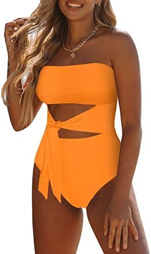 Viottiset Women's Bandeau One Piece Swimsuit Strapless Tie High Cut Out Bathing Suit Large