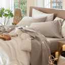 MooMee Bedding Sheet Set 100% Washed Cotton Linen Like Textured Breathable Durable Soft Comfy (Heathered Tannish Linen Grey, Queen)