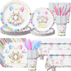 Yungyan 231 Pcs Easter Bunny Gender Reveal Party Supplies, Serve 25, Easter Baby Shower Tableware Paper Plates Tablecloth Cups Napkins Straws and Napkins for Birthday Tableware Table Party Favors