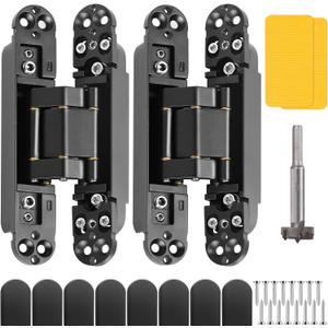 Invisible Door Hinges (2 pcs) -6 Inch Black Hidden Hinges for Doors, 3 Way Adjustable & 180 Deg Swing & Copper Support Invisible Hinge, Heavy-Duty Concealed Door Hinges 88Lbs Load-Bearing
