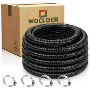 Corrugated Pond Tubing 1" × 10ft — Heavy-Duty Kinkproof PVC Pond Hose for Pumps, Waterfalls & Water Gardens, Flexible Reinforced Black Tube with 4 Stainless Steel Clamps