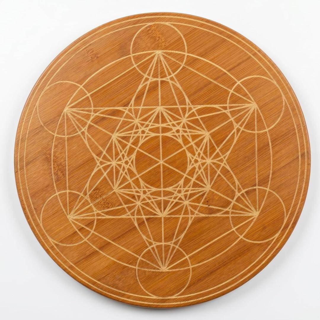 Metatron's Cube Crystal Grid 10" - Sacred Geometry Wall Decor for Balance & Protection, Premium Walnut Finished Bamboo Meditation Plate art work