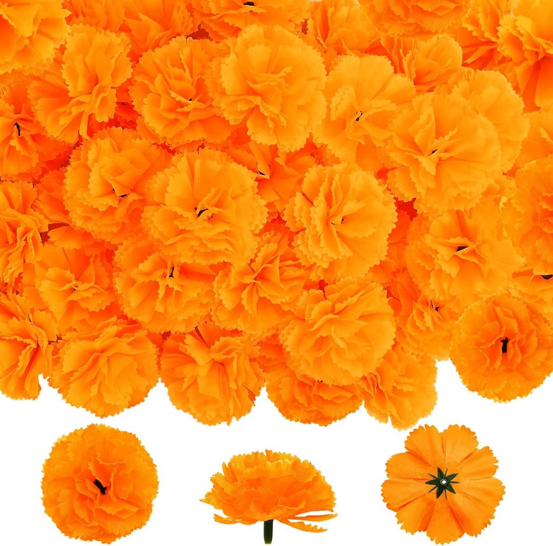 M&C Music Color Marigold Flowers Heads Bulk, 50Pcs Silk Marigold Flowers Artificial for Decoration DIY Wreath Garland Craft Wedding Party Baby Shower Decoration Halloween Christmas (Orange)