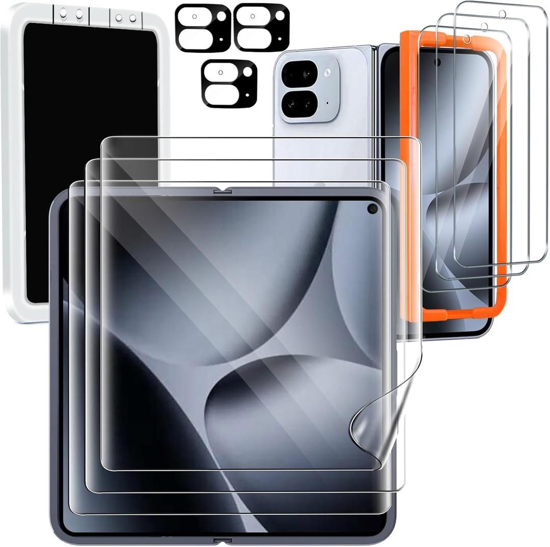 Milomdoi 9 in 1 Screen Protector for Google Pixel 10 Pro Fold, 3 Inside Flexible Film + 3 Front Tempered Glass + 3 Camera Lens Protector Accessories with Installation Frame, No bubbles