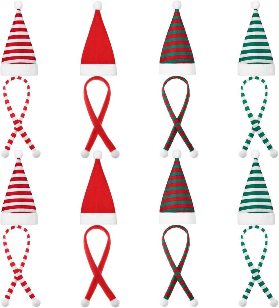 Geyoga 16 Pcs Mini Knit Doll Hat and Scarf Small Santa Hat for Craft Christmas Knit Decoration Doll Clothing Accessories Gift (Red White Green)