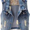 Kedera Womens Denim Jean Vest Classic Junior Button Up Cropped Distressed Sleeveless Jean Jacket (X-Large, Blue)