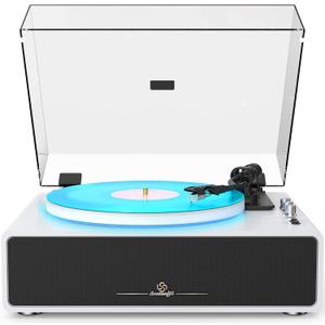 Record Player with Built-in Four Stereo Speakers, Three LED Lighting Modes, AT-3600L Cartridge, All-in-one Vinyl Record Player Support Bluetooth Playback Auto Stop 33&45 RPM Speed RCA Out AUX in White