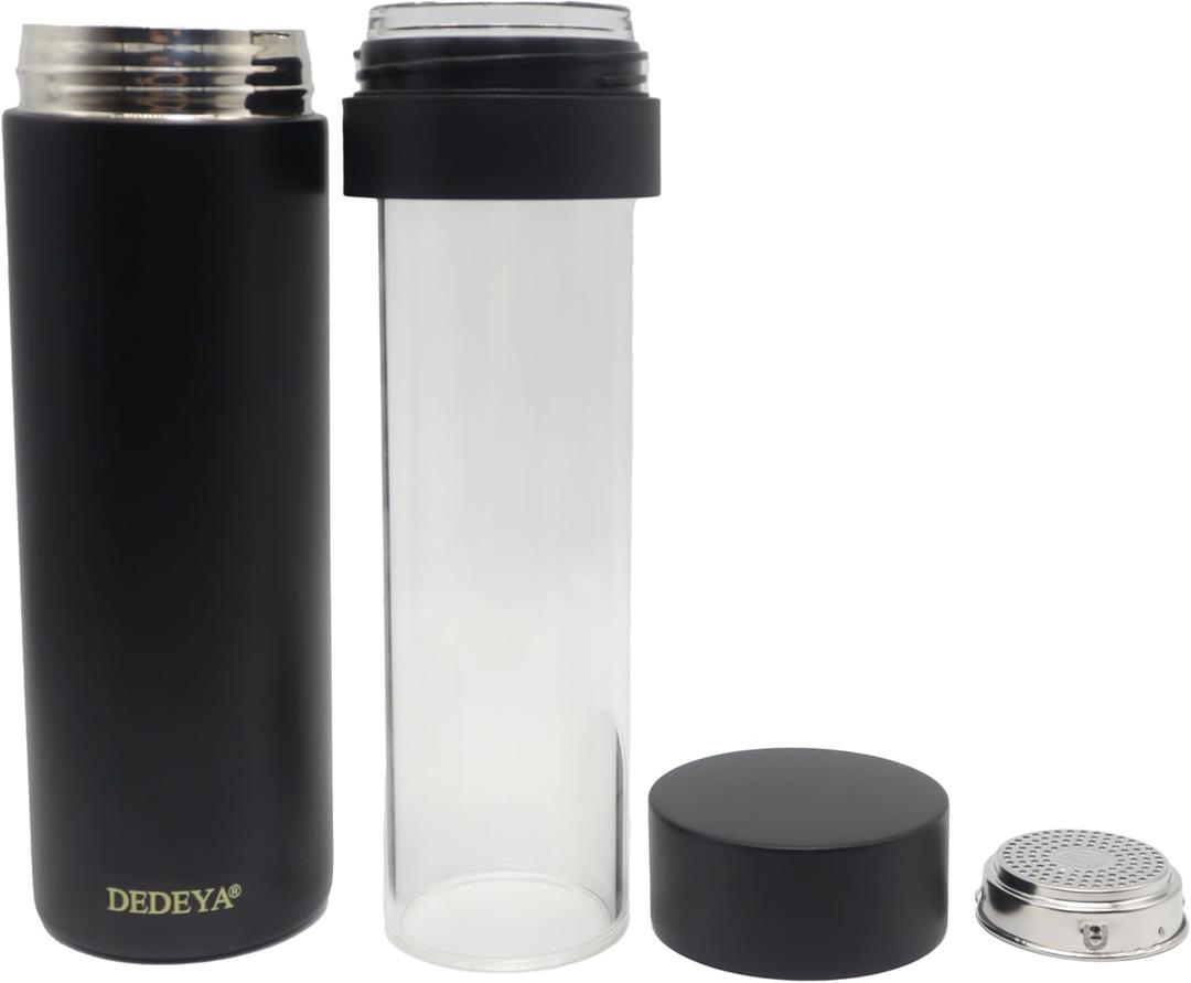 15oz Stainless Steel Vacuum Insulated Water Bottle with Glass Liner Inside,Glass Lined Thermos with Tea Strainer for Hot Drink and Cold Drink-Leakproof Car Mug(Black, Tea Strainer)
