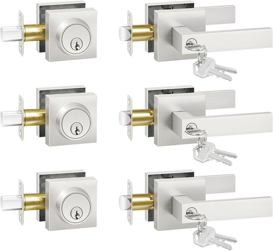 Exterior Door Lock Set with Deadbolt, Door Locks for Front Door with Single Cylinder Deadbolt Lock, Brushed Nickel Door Handle with Key for Front Door, 3 Pack (All Same Keyed Alike)