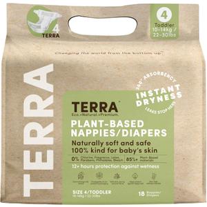 Terra Diapers Size 4: 85% Plant-Based Diapers, Ultra-Soft & Chemical-Free for Sensitive Skin, Superior Absorbency for Day or Nighttime Diapers, Designed for Toddlers 22-30 Pounds, 18 Count
