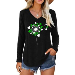 St. Patrick's Day Shirt for Women Funny Lucky Shamrock Irish Graphic Long Sleeve Tee Casual Loose Fit Spring Tops (Black-Dandelion) 2XL 