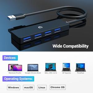 USB Hub, 4-Port USB 3.0 Hub, USB Expander for Laptop, Xbox, Flash Drive, HDD, Gaming Console, Printer, Camera, Keyboard, Mouse, and More