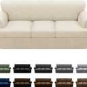 4-Pieces T Cushion Sofa Slipcovers Leather Look Couch Cover for 3 Cushion Couch Furniture Protector Stretch Sofa Cover with 3 Individual T Cushion Seat Covers Washable, Beige