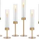 Glasseam Tapered Gold Candlestick Holders: 6 Pcs Tall Brass Taper Candle Holder with Ribbed Glass Cylinder - Hurricane Fluted Candle Holders for Table Centerpiece Wedding Party Christmas Decorations