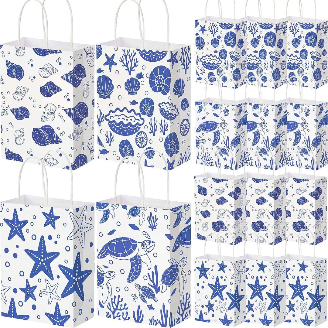 Kolldenn 24 Pcs Ocean Theme Paper Gift Bags with Handles, Under the Sea Party Favor Bags Bulk, Sea Animal Goodie Treat Storage for Summer Beach Birthday Party Supplies, 8.27 x 5.91 x 3.15 Inch, 1 Count