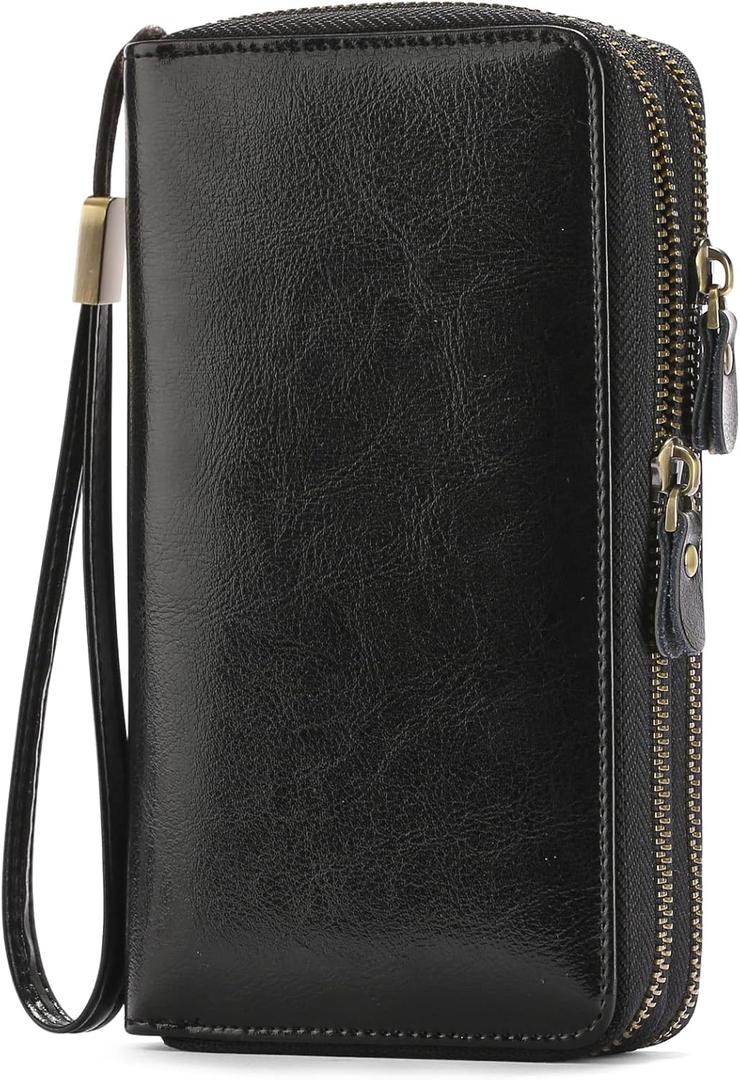 SENDEFN Leather Women Wallet RFID Blocking Zipper Around Phone Holder Clutch Wristlet Large Capacity (Elegant Black)