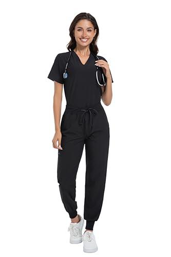 Naivlizer Scrub Set for Women V-Neck Top & Jogger Pants Medical Uniform Suits with 9 Pockets Water Repellent Workwear for Nurses, Black Size 2XL