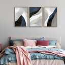 Large Abstract Framed Wall Art - Canvas Wall Art Pictures Prints for Living Room Decor Natural Float Framed Artwork for Bedroom Kitchen Home Office Decoration 48" X 24" Set of 3 Blue Grey, 16" X 24" X 3pieces Framed